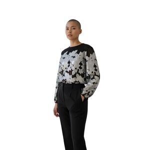 Custom Black Silver Floral Metallic Embroidered Long Sleeve‎ Mesh Women's Blouse
